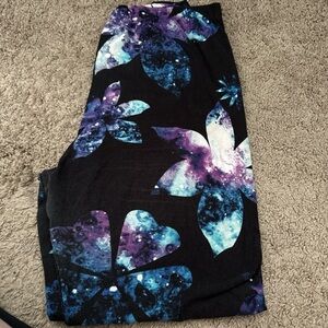 Leggings Depot Black Leggings with Blue & Purple Floral Galaxy Print